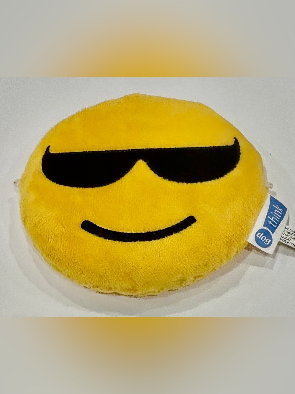 “Cool Dude” Emoji Plush Squeaky Toy for Dogs with yellow Cushion
